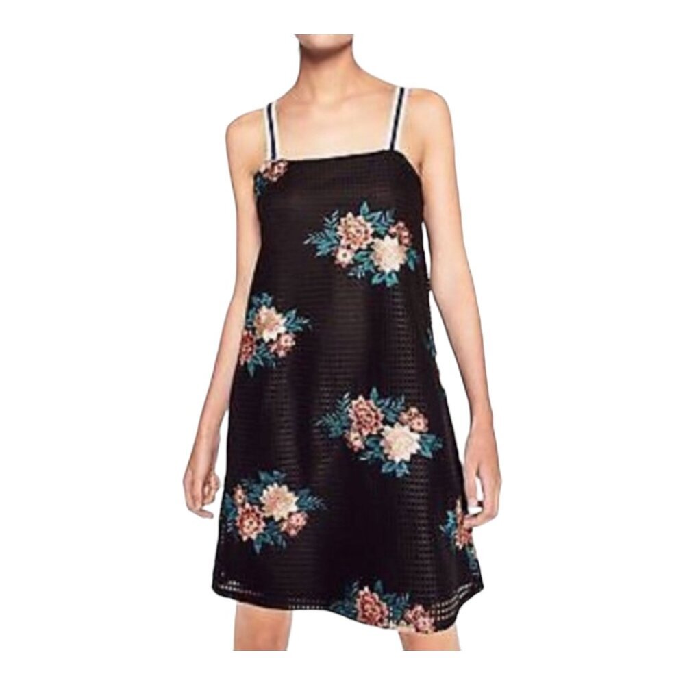 Zara Trf embroidered black mesh dress with stripe strap, size S